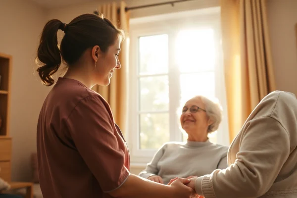 Pflegedienst unterstützt einen älteren Patienten im gemütlichen Zuhause mit eigenverantwortlicher Pflege.