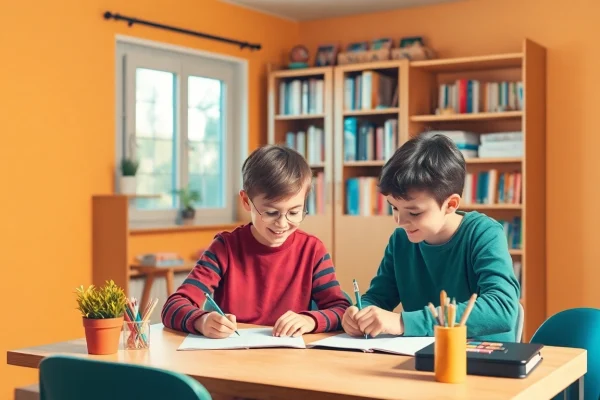 Ein Kind erhält Heimunterricht von einem Erwachsenen, während sie an einem Schreibtisch lernen, was das Konzept des Heimunterrichtszeigt.