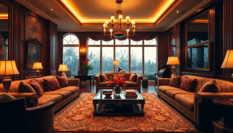 Luxury living room showcasing elegant furniture and warm lighting, creating an inviting atmosphere.