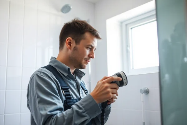 Professioneller Klempner prüft Rohrleitungen im Sanitär Notdienst, zeigt Effizienz und Fachkompetenz.