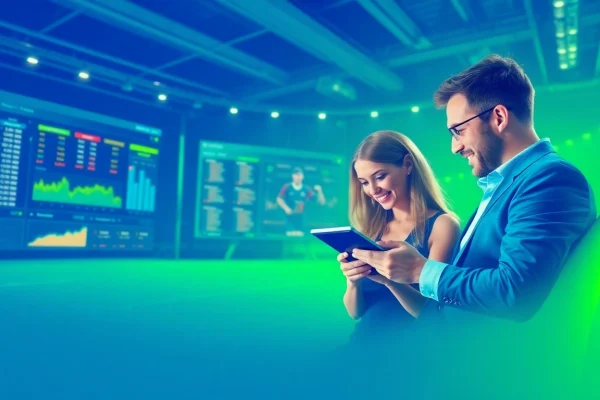 Erlebe das Ambiente des besten Wettanbieters mit digitalen Sportwetten-Displays und zufriedenen Kunden.