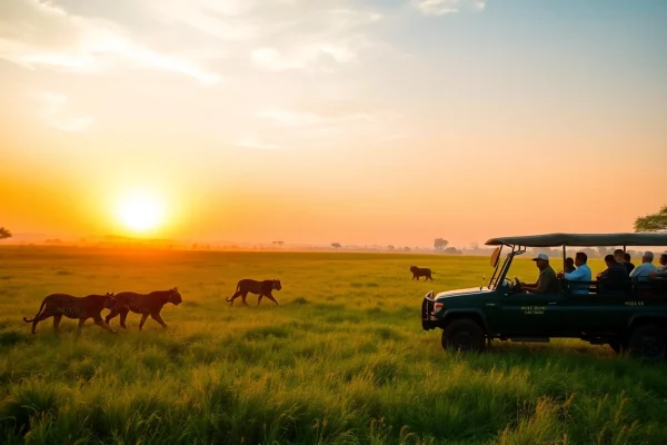Experience the thrill of wildlife safari tours in India as tourists spot Bengal tigers in a stunning sunset.