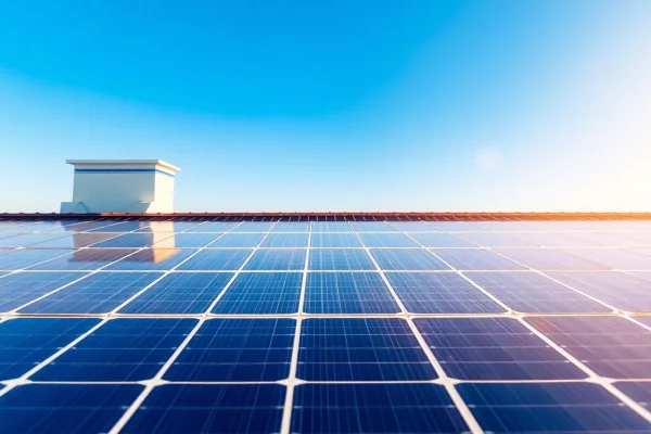 Entdecken Sie verschiedene PV Module kaufen auf einem sonnenbeschienenen Dach mit glänzenden Solarpanelen.