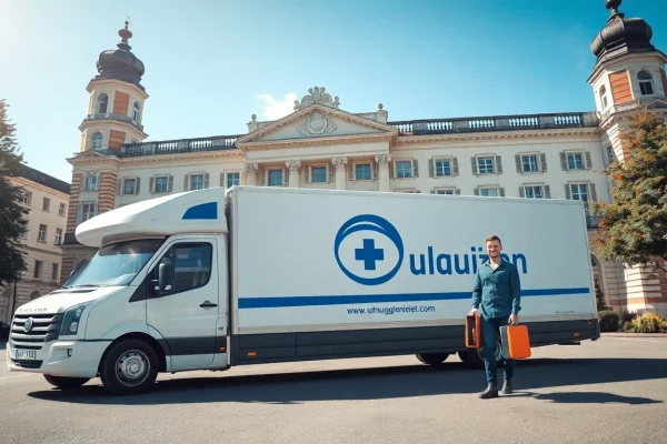 Professionelles Umzugsunternehmen Saarbrücken, das Möbel aus einem erkennbaren Umzugsfahrzeug entlädt.