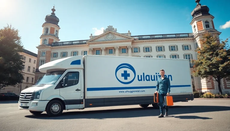 Professionelles Umzugsunternehmen Saarbrücken, das Möbel aus einem erkennbaren Umzugsfahrzeug entlädt.
