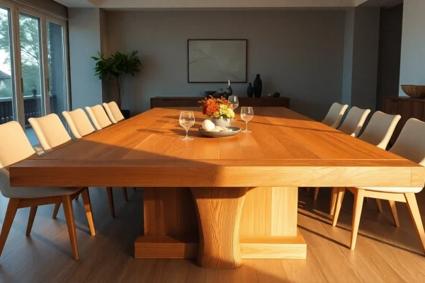 Massiver Eiche Esstisch mit Baumkante in einem modern eingerichteten Esszimmer, beleuchtet für eine einladende Atmosphäre.