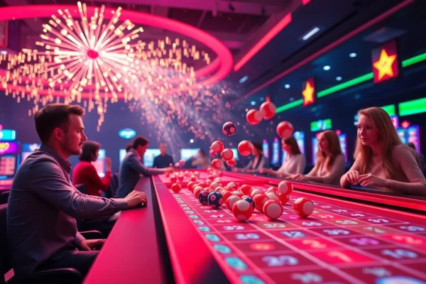 Erleben Sie Aufregung im Plinko Casino mit bunten Kugeln und glücklichen Spielern.