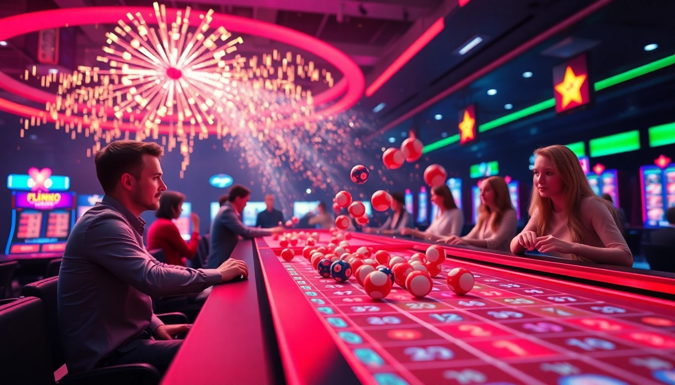 Erleben Sie Aufregung im Plinko Casino mit bunten Kugeln und glücklichen Spielern.