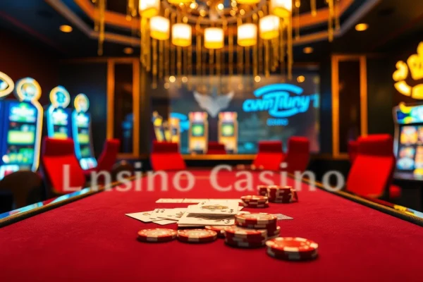 Erleben Sie die Aufregung im online casino schweiz mit einem eleganten Spieltisch und glänzenden Spielautomaten, die ein luxuriöses Spielumfeld schaffen.