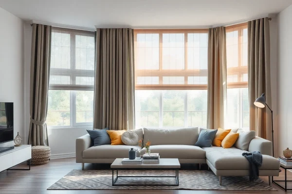 Plissee konfigurieren: Elegantes Wohnzimmer mit vielfältigen Plissees in modernen Farben.