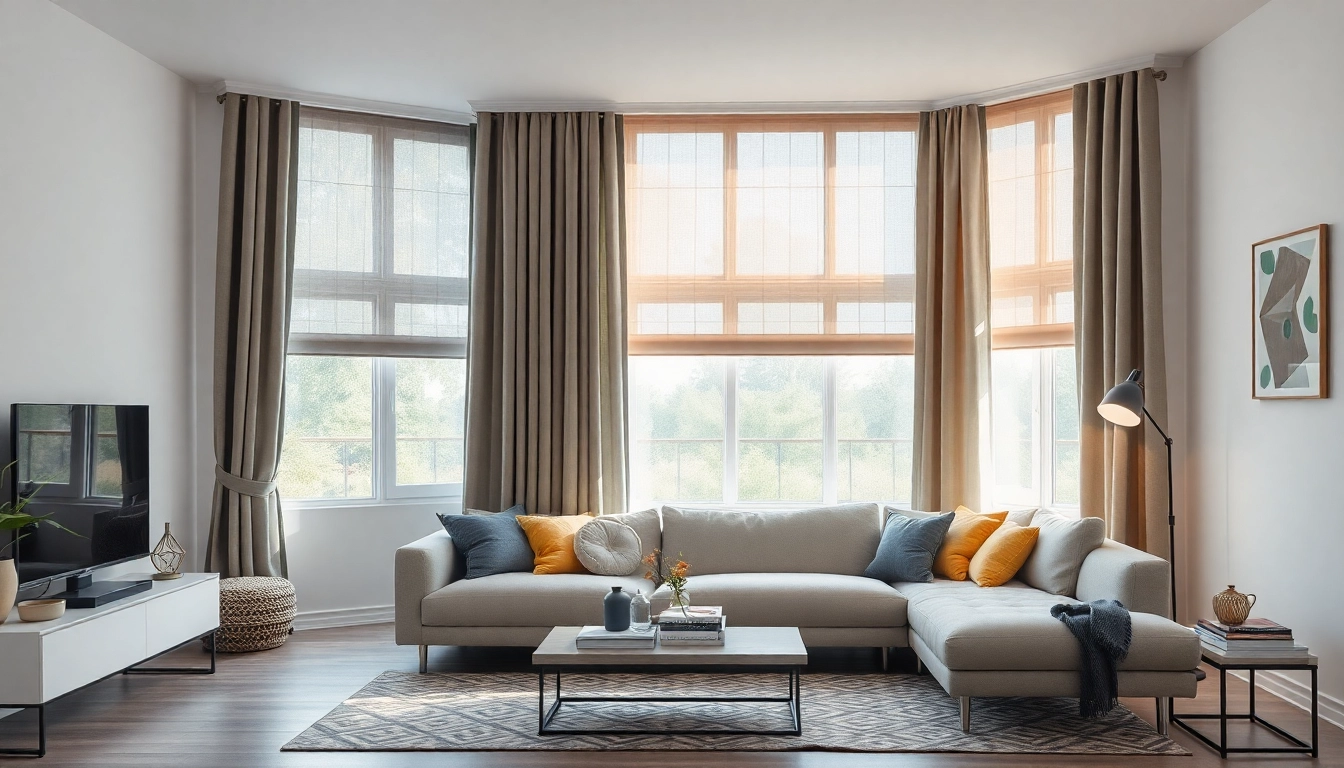 Plissee konfigurieren: Elegantes Wohnzimmer mit vielfältigen Plissees in modernen Farben.