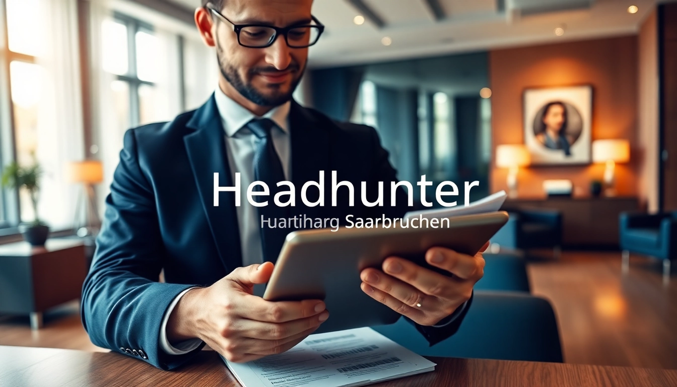 Headhunter Saarbrücken reviewing candidate profiles in a modern office setting.