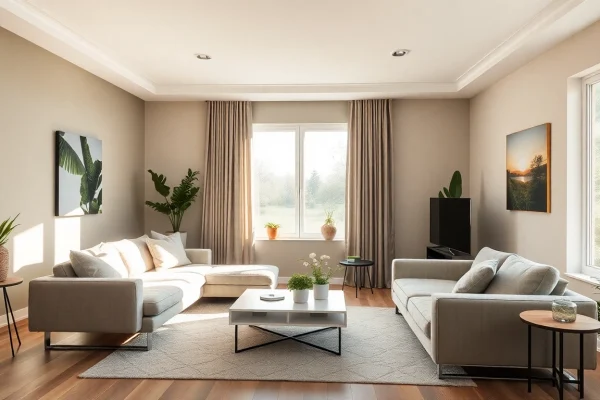 Gestalte den Raum effektiv mit modernen Möbeln und warmen Farben für ein einladendes Ambiente.