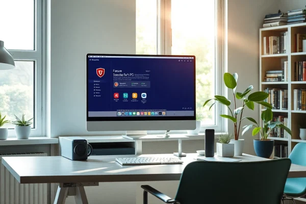 Visualisieren Sie die Benutzeroberfläche von F-Secure Schutz für PC und Mac in einem modernen Home-Office für sicheren digitalen Schutz.