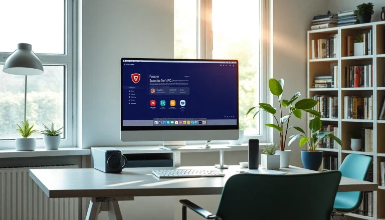 Visualisieren Sie die Benutzeroberfläche von F-Secure Schutz für PC und Mac in einem modernen Home-Office für sicheren digitalen Schutz.