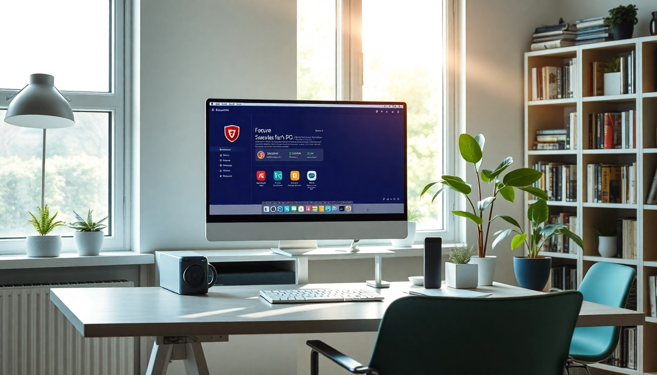 Visualisieren Sie die Benutzeroberfläche von F-Secure Schutz für PC und Mac in einem modernen Home-Office für sicheren digitalen Schutz.