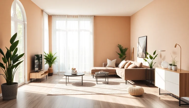 Moderne Raumgestaltung mit harmonischen Farben, Möbeln und Pflanzen für ein einladendes Zuhause.