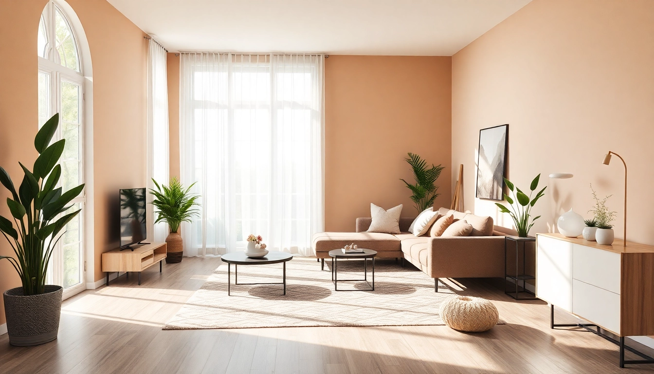 Moderne Raumgestaltung mit harmonischen Farben, Möbeln und Pflanzen für ein einladendes Zuhause.