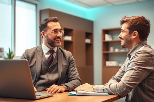 Headhunter Zahnmedizinische Fachangestellte spricht mit einem lächelnden Fachangestellten in einer Zahnarztpraxis.