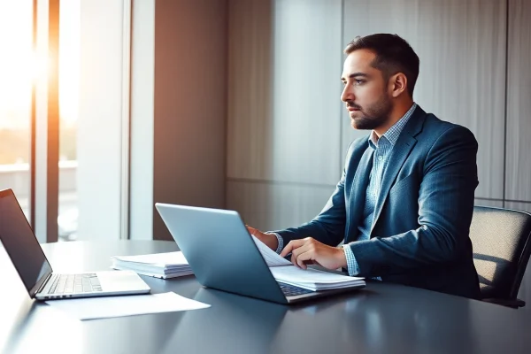 Headhunter führt ein Gespräch in einem modernen Büro mit Dokumenten und Laptop auf dem Tisch.