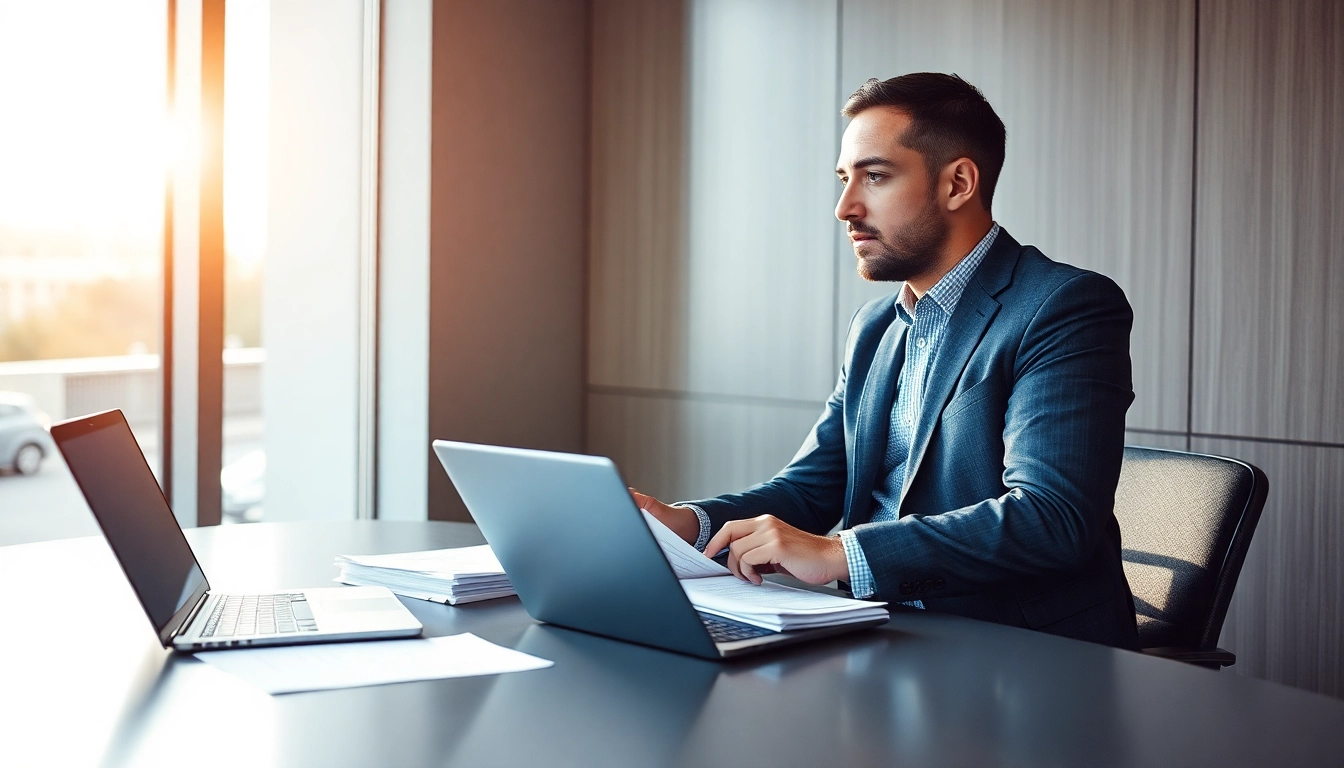 Headhunter führt ein Gespräch in einem modernen Büro mit Dokumenten und Laptop auf dem Tisch.