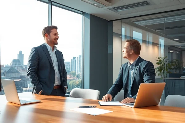 Headhunter Braunschweig im Gespräch mit einem Kandidaten in einem modernen Büro-Setup.
