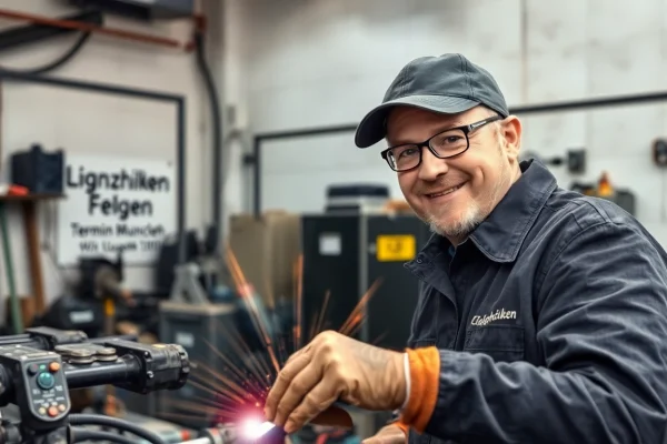 Professioneller Mechaniker beim Glanzdrehen Felgen Termin München in einer modernen Werkstatt