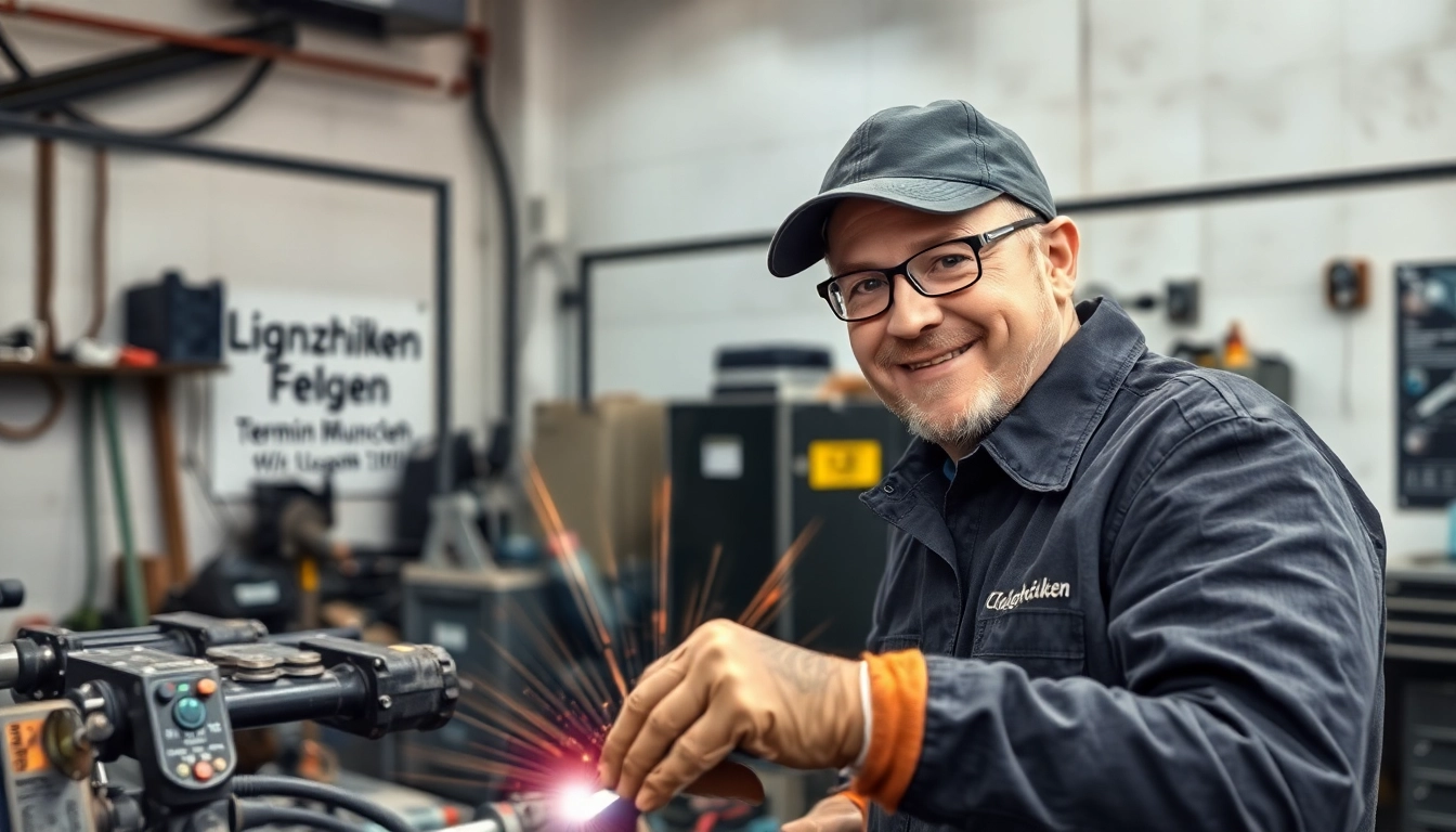 Professioneller Mechaniker beim Glanzdrehen Felgen Termin München in einer modernen Werkstatt