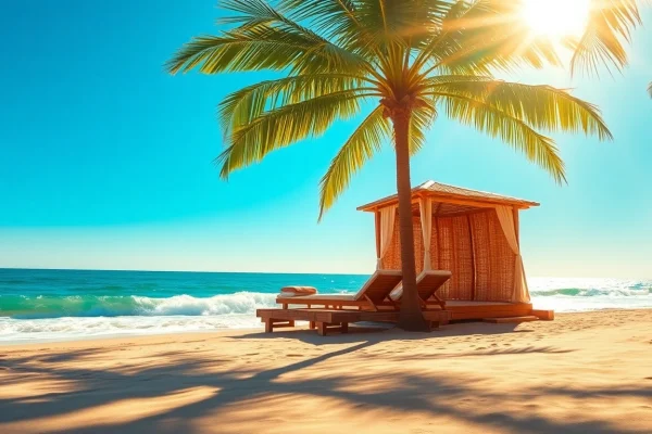 Genieße den Blick auf die Coastal Cabana am Strand mit Sonnenliegen und Palmen im Vordergrund.