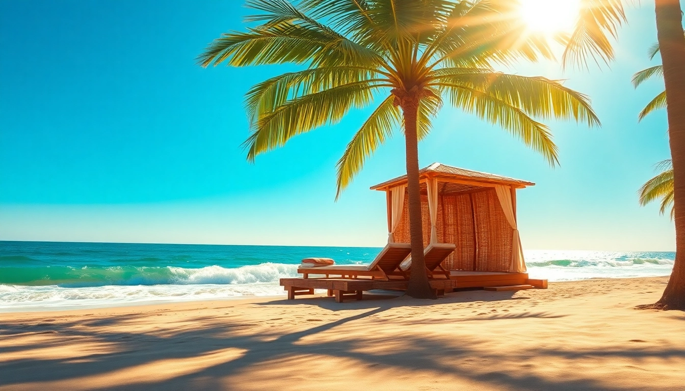 Genieße den Blick auf die Coastal Cabana am Strand mit Sonnenliegen und Palmen im Vordergrund.