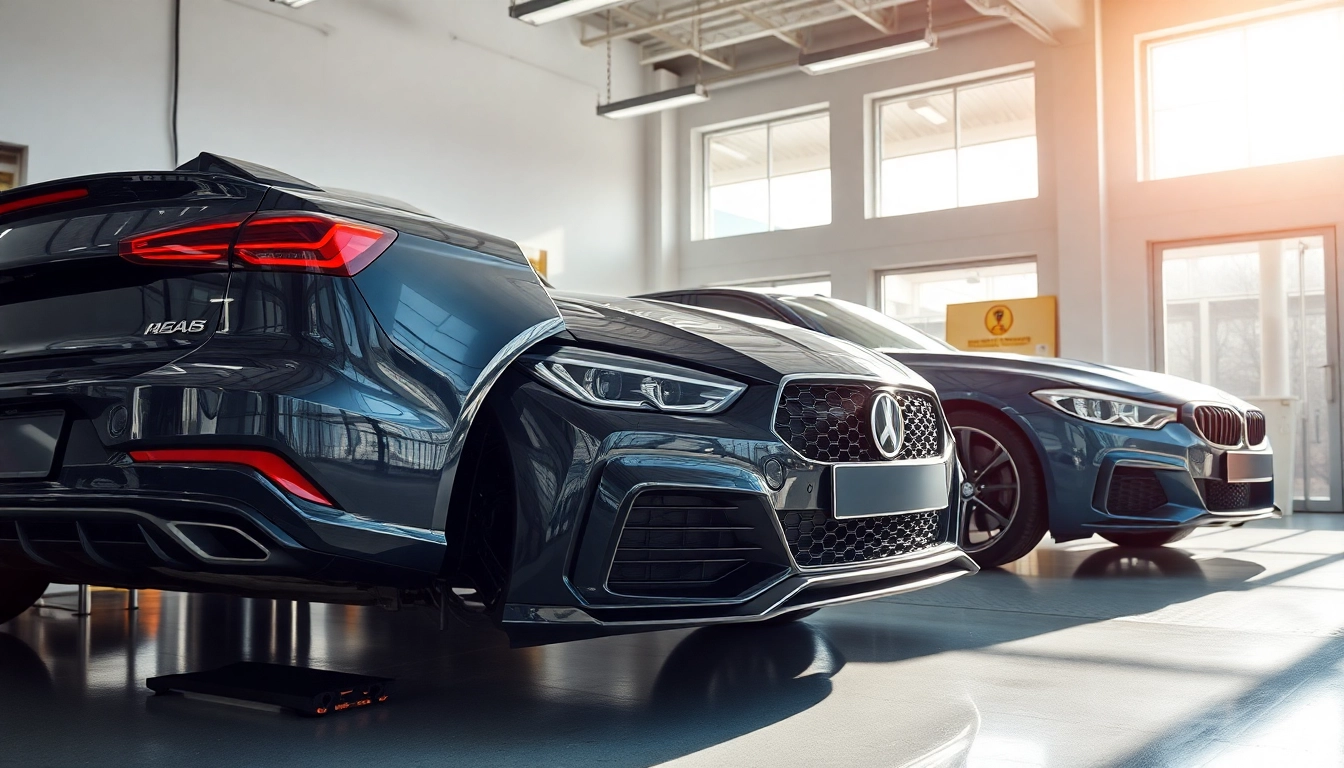 Hochglänzendes Auto in der Garage mit Autopflege Produkten für optimale Pflege.