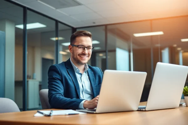 Headhunter IT arbeitet konzentriert im modernen Büro, um talentierte Fachkräfte zu rekrutieren.