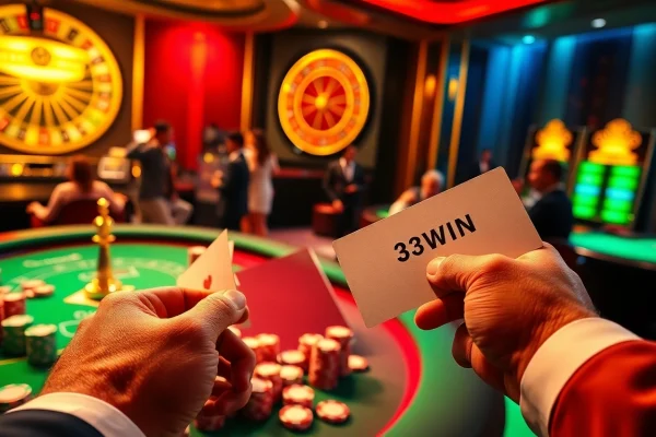 Engaged players at a vibrant casino table, showcasing excitement and strategies with 33WIN chips.