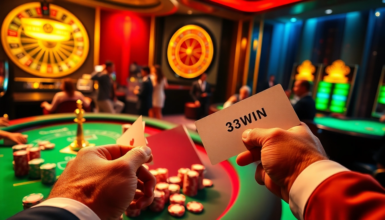Engaged players at a vibrant casino table, showcasing excitement and strategies with 33WIN chips.