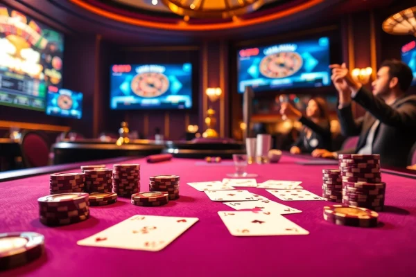 Experience the excitement of gambling at https://rr88.uk.net/ with a luxurious poker scene showcasing elegant cards and vibrant chips.