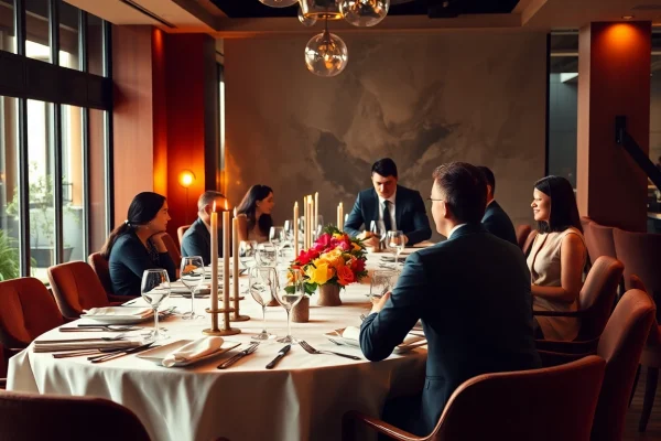 Professionals collaborating in an elegant restaurant setting, showcasing Headhunter Gastronomie's mission of excellence.