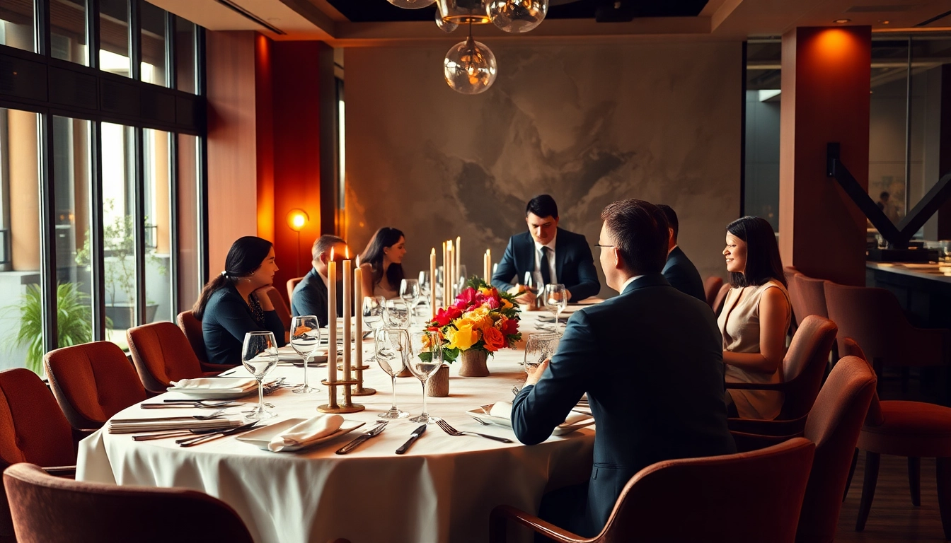 Professionals collaborating in an elegant restaurant setting, showcasing Headhunter Gastronomie's mission of excellence.