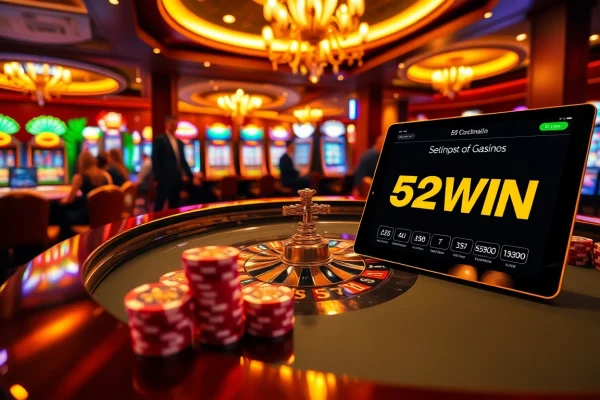 Enjoying a thrilling game at the 52WIN casino with vibrant poker chips and slot machines.
