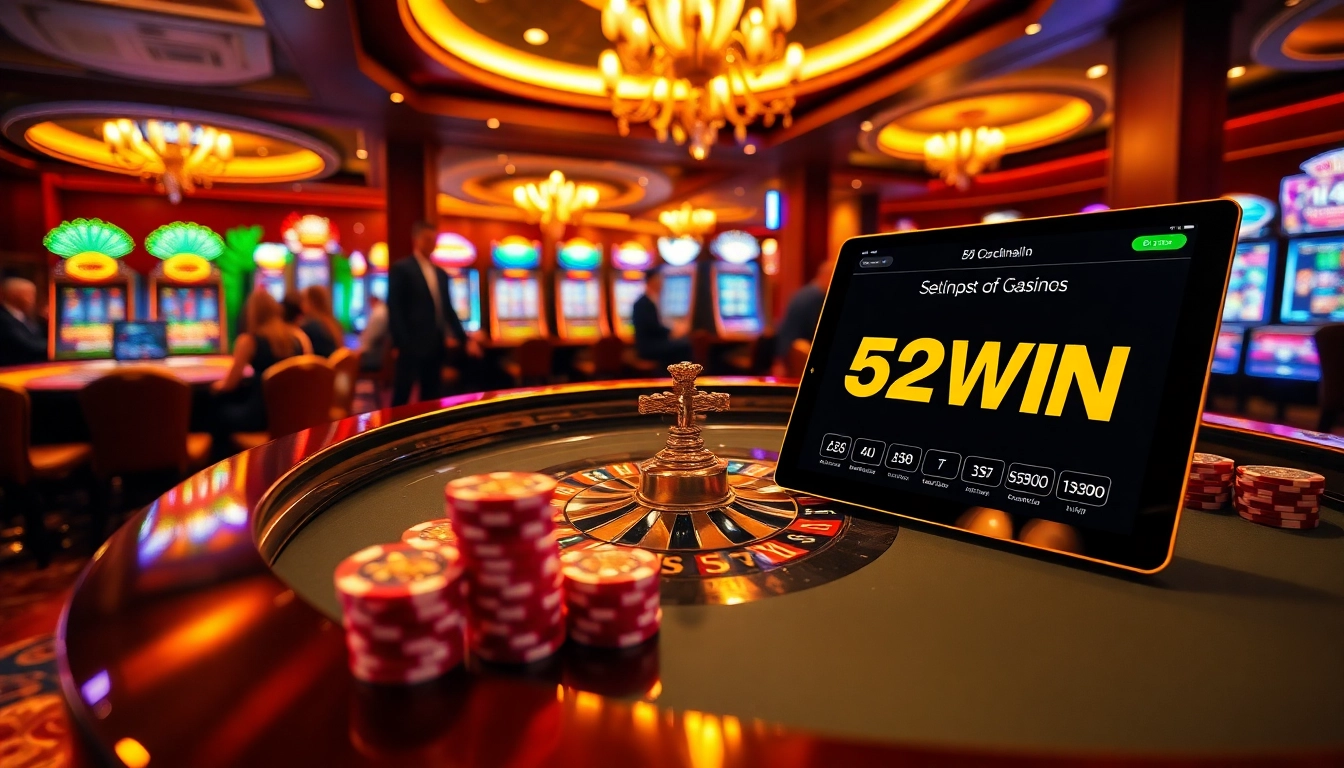 Enjoying a thrilling game at the 52WIN casino with vibrant poker chips and slot machines.