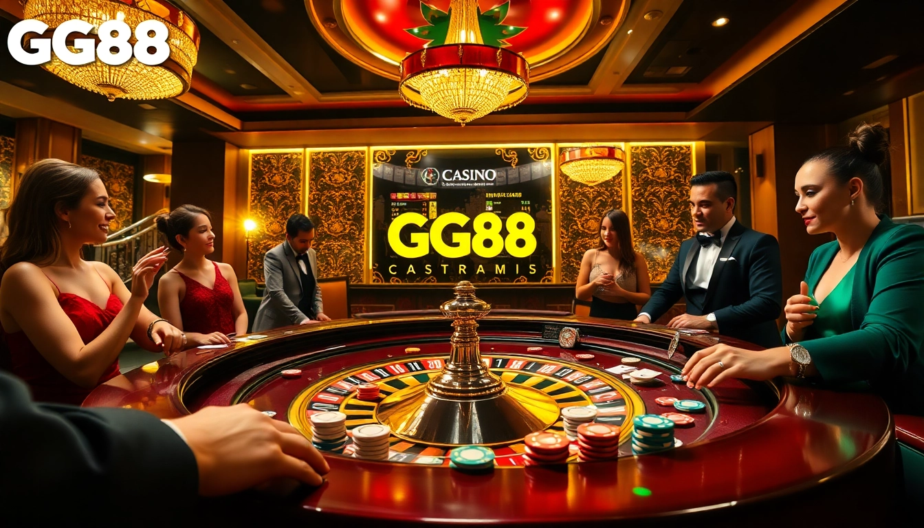 Experience thrilling gameplay at GG88 with poker chips and a roulette wheel in an elegant casino setting.