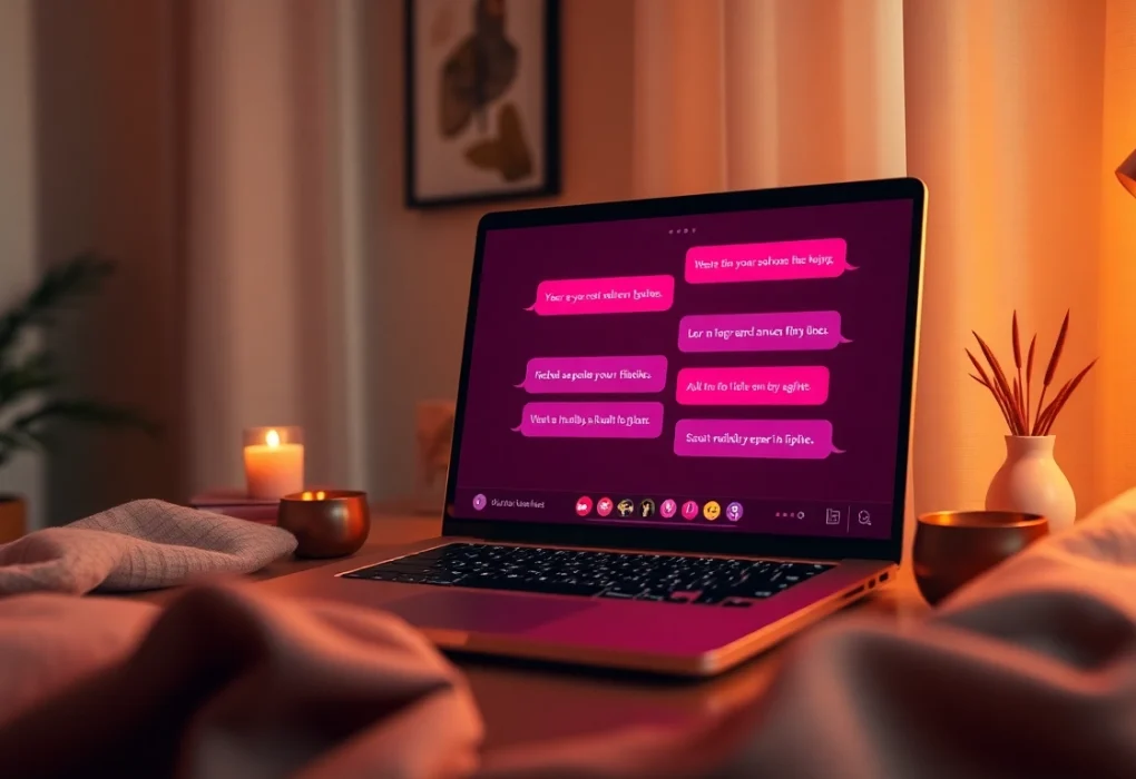 Inviting virtual environment for sex chat with modern interface and flirty chat bubbles.