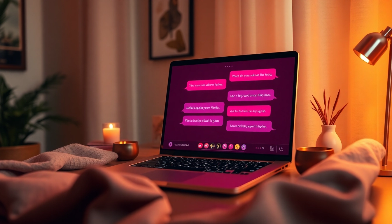Inviting virtual environment for sex chat with modern interface and flirty chat bubbles.