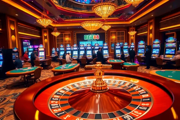 Experience the excitement of BET88 with vibrant casino tables and players enjoying games.