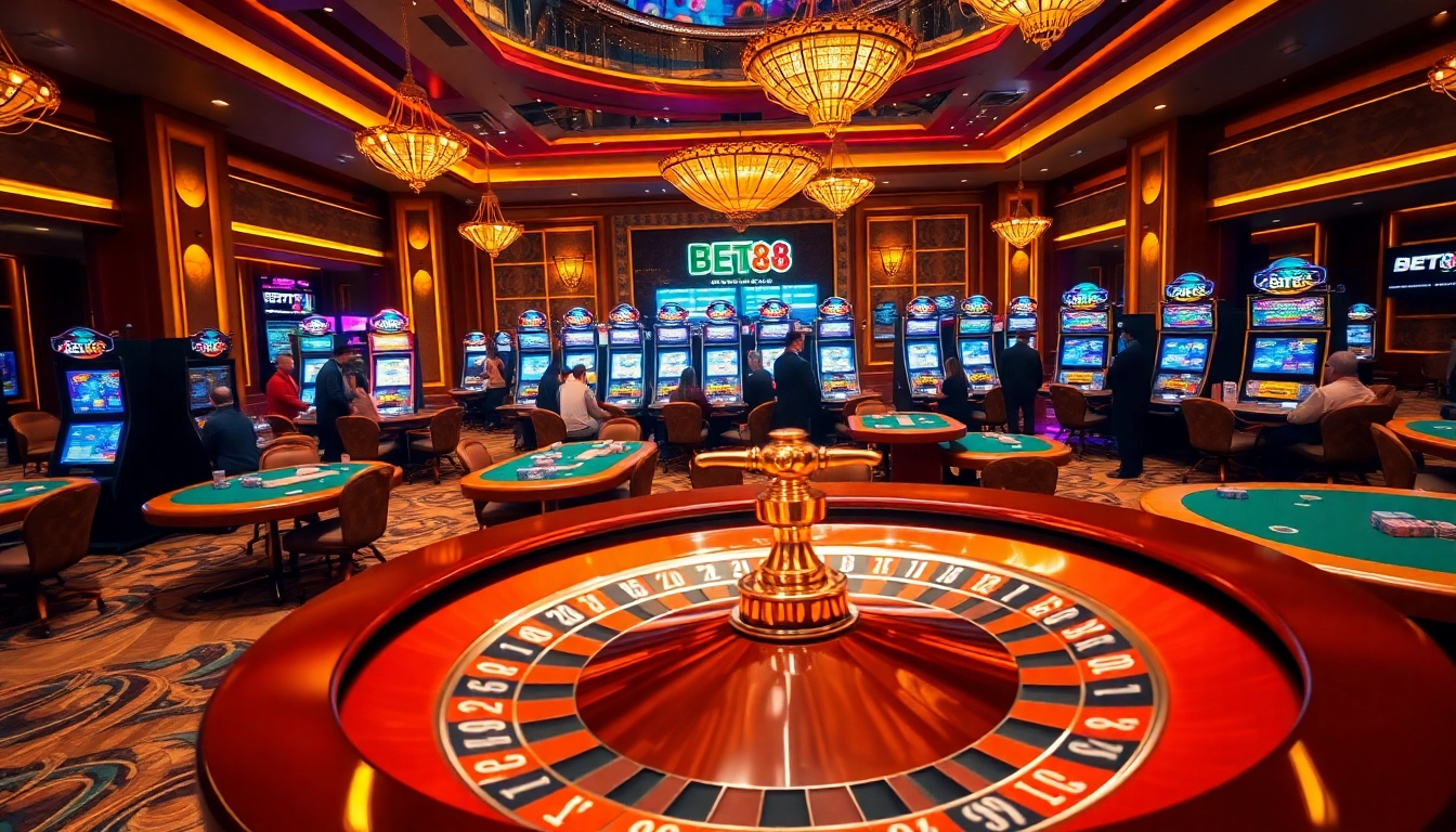 Experience the excitement of BET88 with vibrant casino tables and players enjoying games.