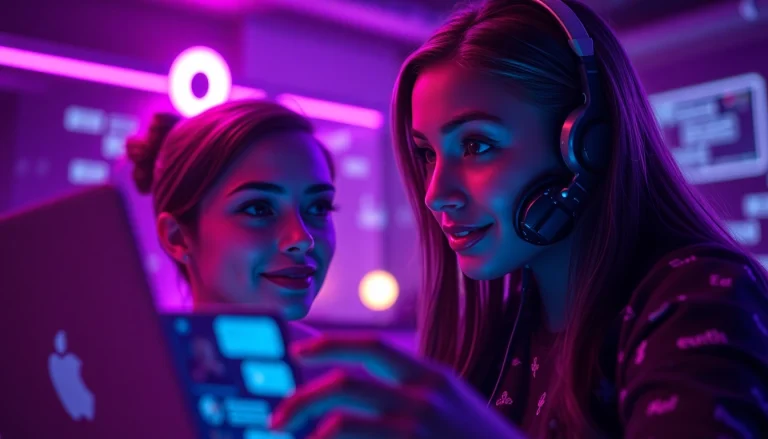 Porn AI chat scene featuring an engaging AI character and a user in a modern, vibrant digital setting.