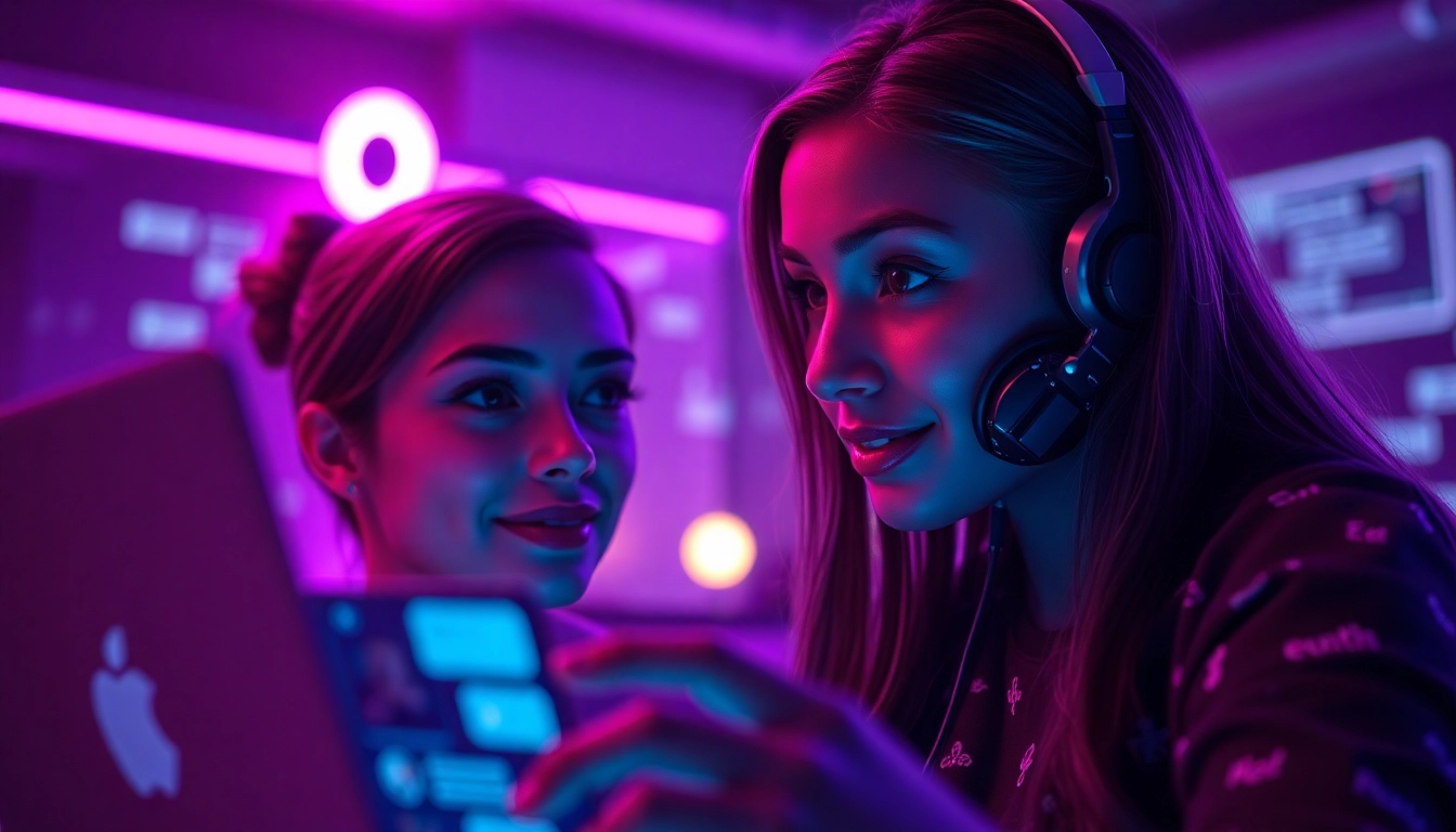 Porn AI chat scene featuring an engaging AI character and a user in a modern, vibrant digital setting.