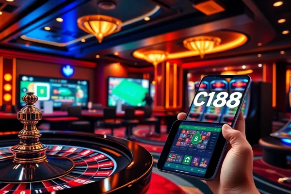 C168 online casino showcasing vibrant gaming tables, security features, and live sports betting excitement.
