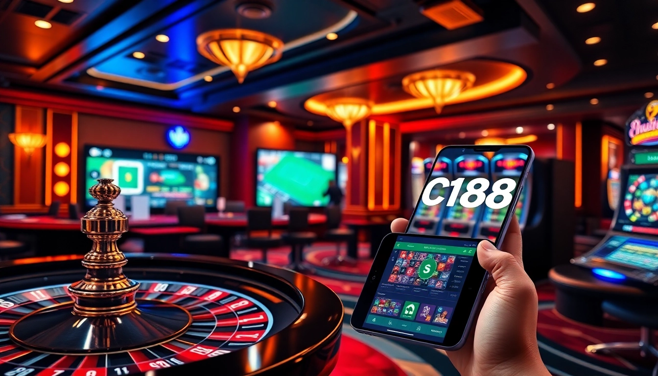 C168 online casino showcasing vibrant gaming tables, security features, and live sports betting excitement.