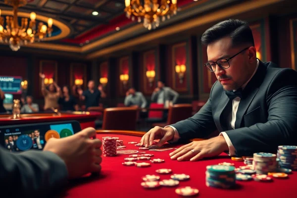 Gambling excitement with a professional at the table, showcasing link 12bet on a sleek mobile device.