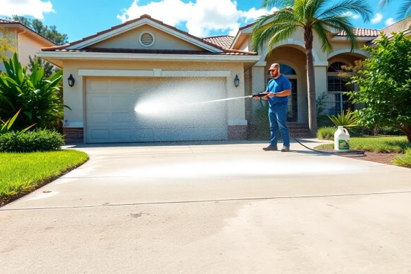 Driveway pressure wash service revitalizing a concrete driveway in Kissimmee, showcasing professional cleaning techniques.